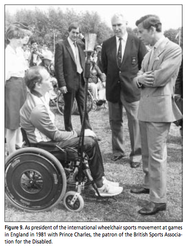 As president of the international wheelchair sports movement at games in England in 1981 with Prince Charles, the patron of the British Sports Association for the Disabled.